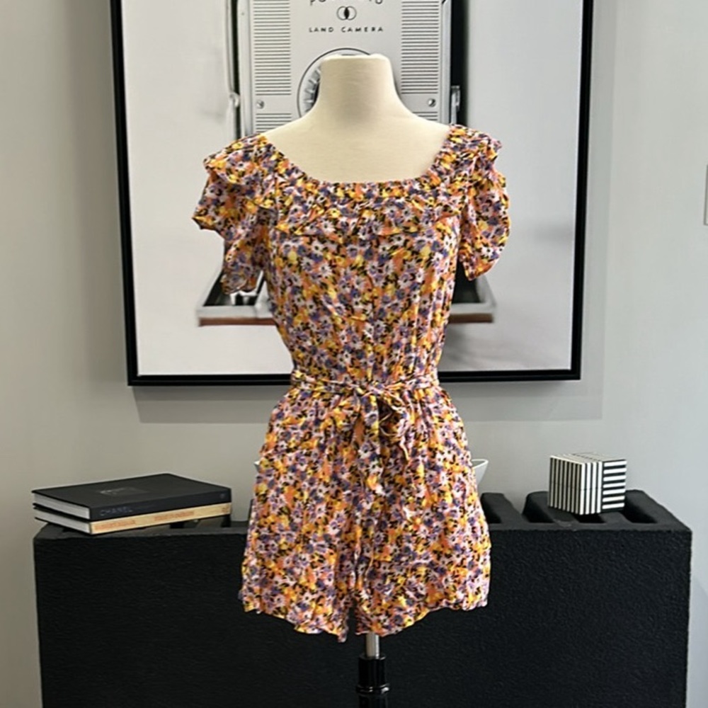 BRAND NEW! 

Ruffle, Off-Shoulder Romper w/ Tie Around Waist, Peach Background
